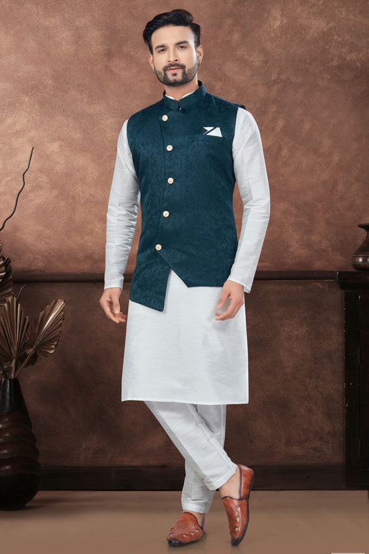 Off White Colour Silk Dupion Jacket Kurta Pajama