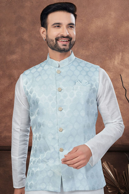 Off White Colour Silk Dupion Jacket Kurta Pajama VSKP1040651