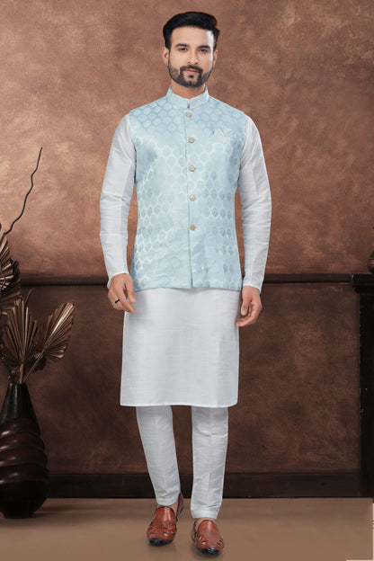 Off White Colour Silk Dupion Jacket Kurta Pajama
