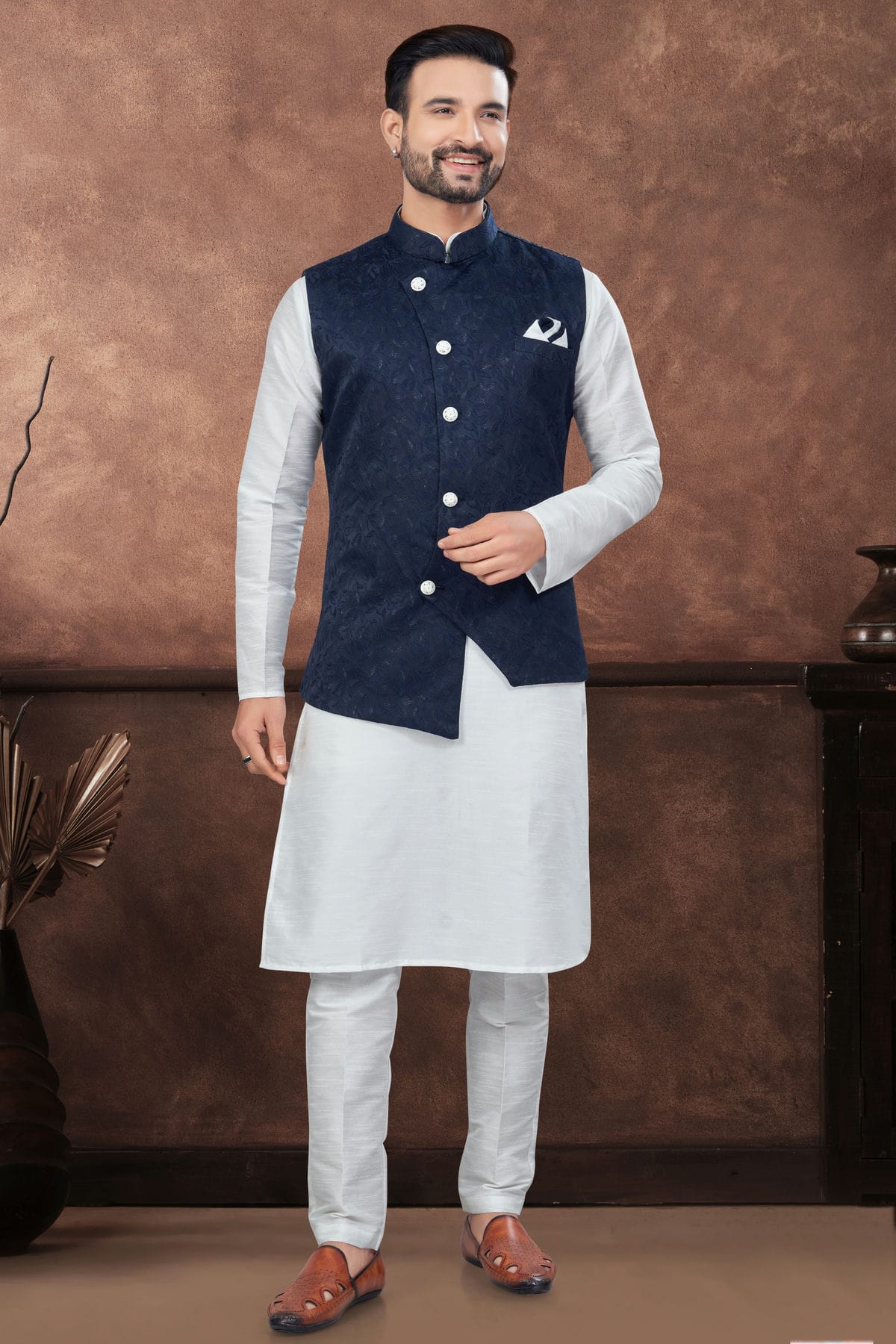 Off White Colour Silk Dupion Jacket Kurta Pajama