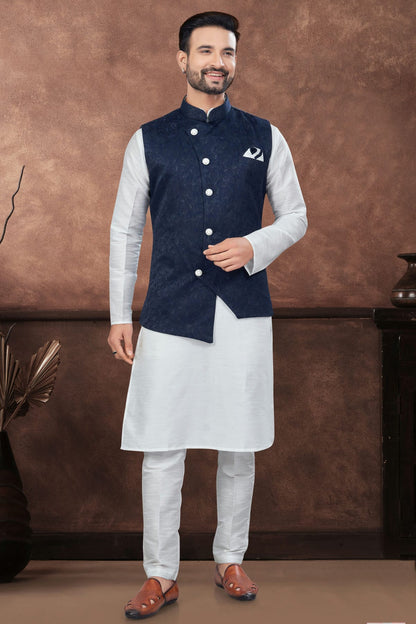 Off White Colour Silk Dupion Jacket Kurta Pajama