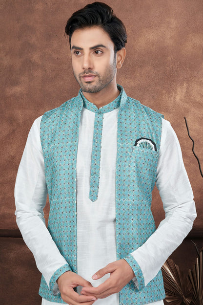 Off White Colour Silk Dupion Jacket Kurta Pajama VSKP1040659