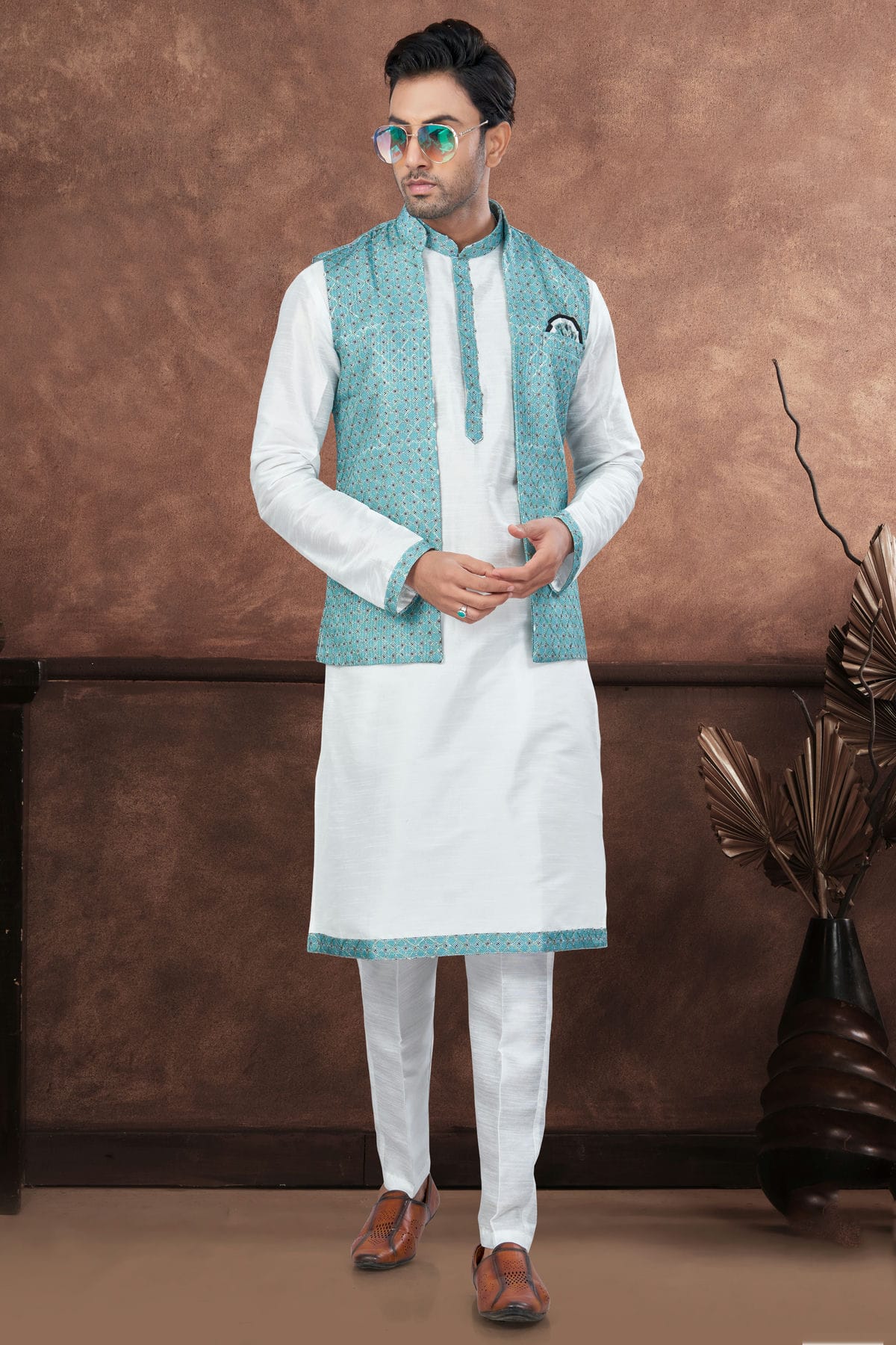 Off White Colour Silk Dupion Jacket Kurta Pajama