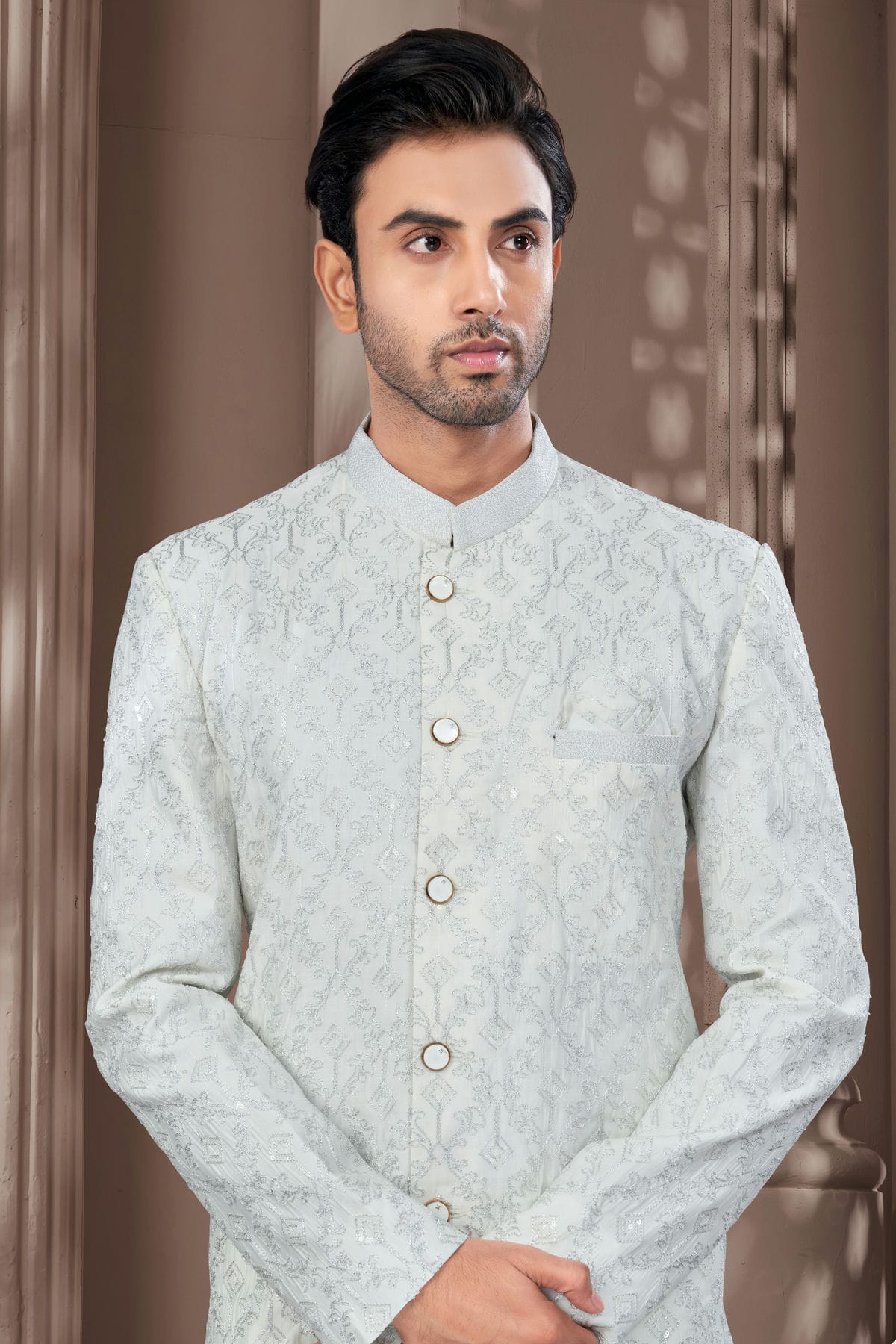 Off White Colour Silk Dupion Sherwani VSSH1040629