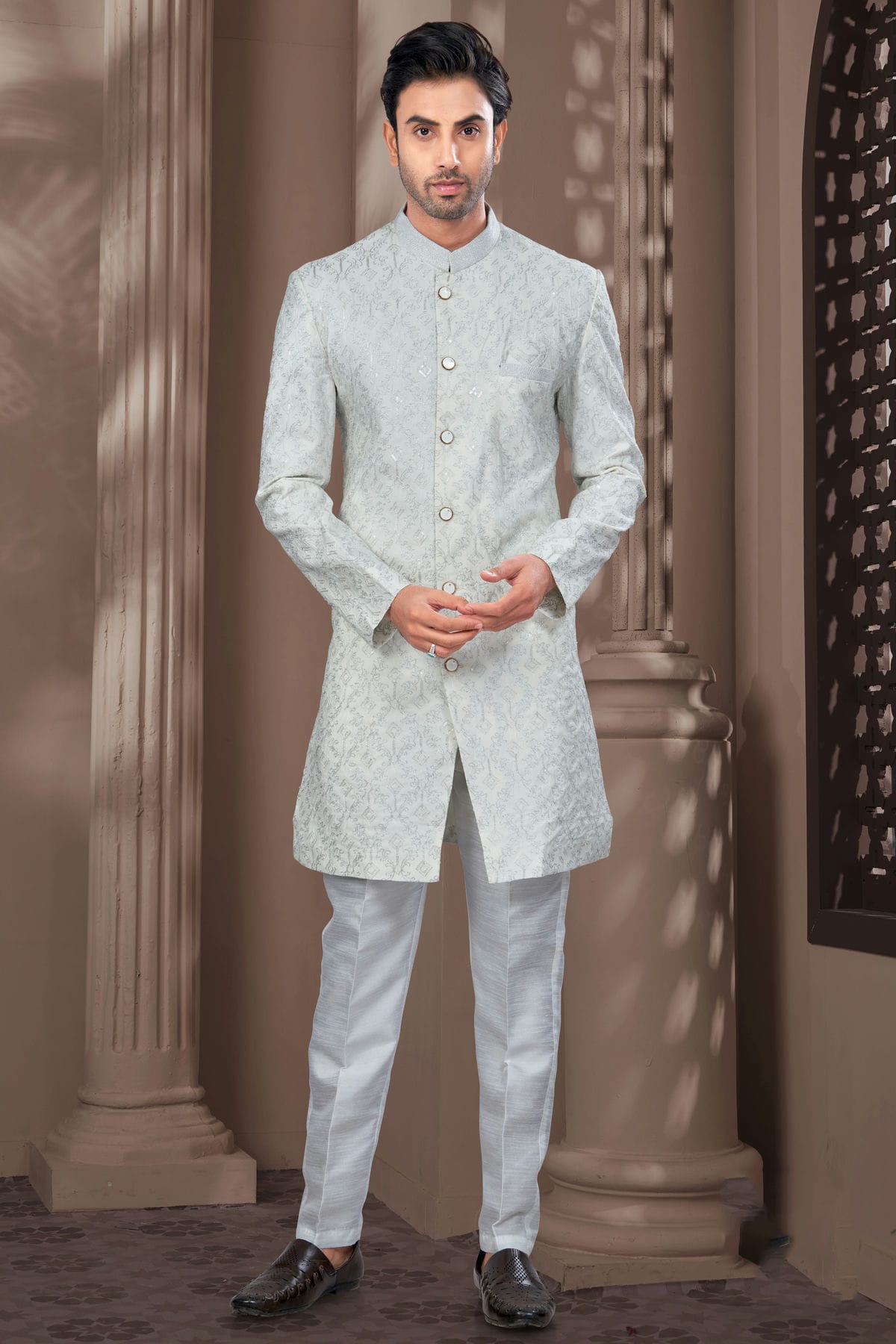 Off White Colour Silk Dupion Sherwani