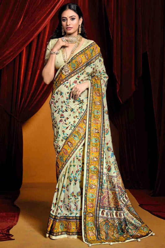 Off White Colour Tussar Silk Paisley Printed Saree VSSD1113717