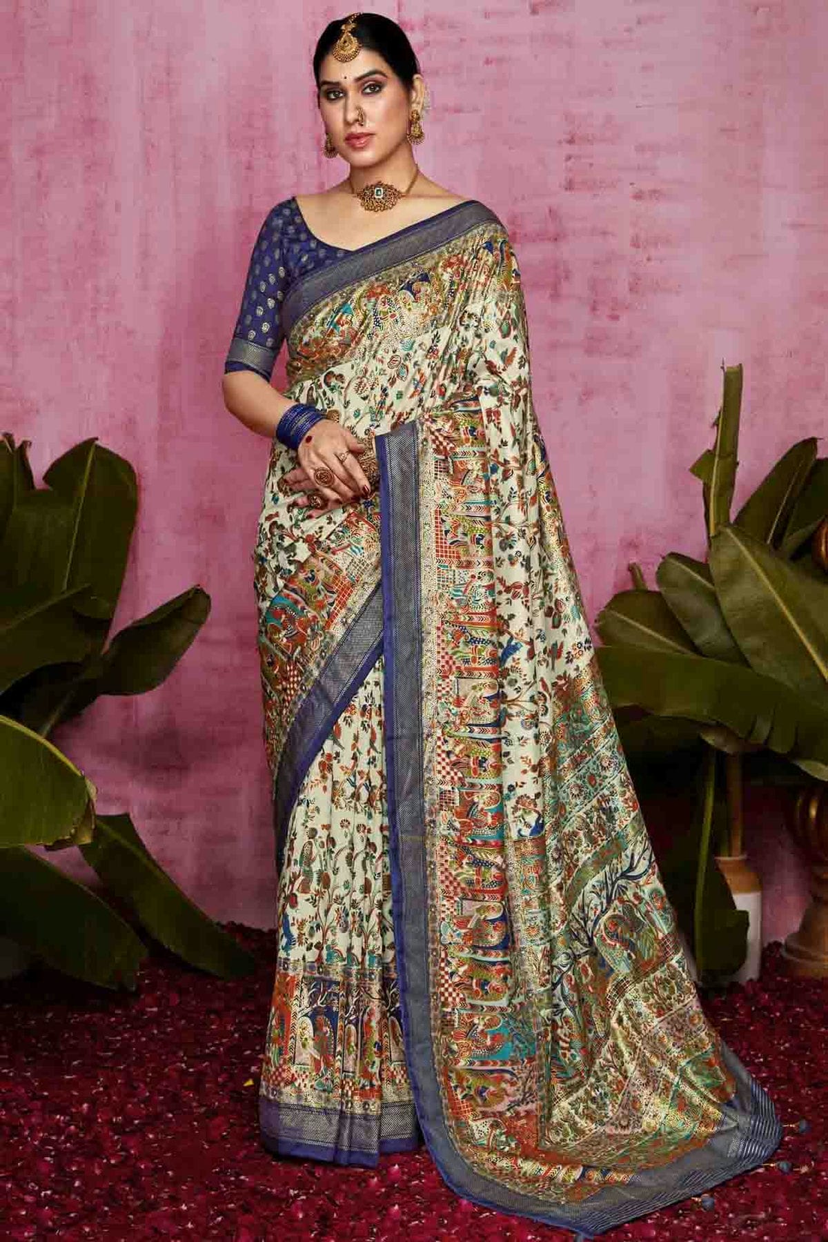 Off White Colour Tussar Silk Polka Dot Printed Saree VSSD1113747