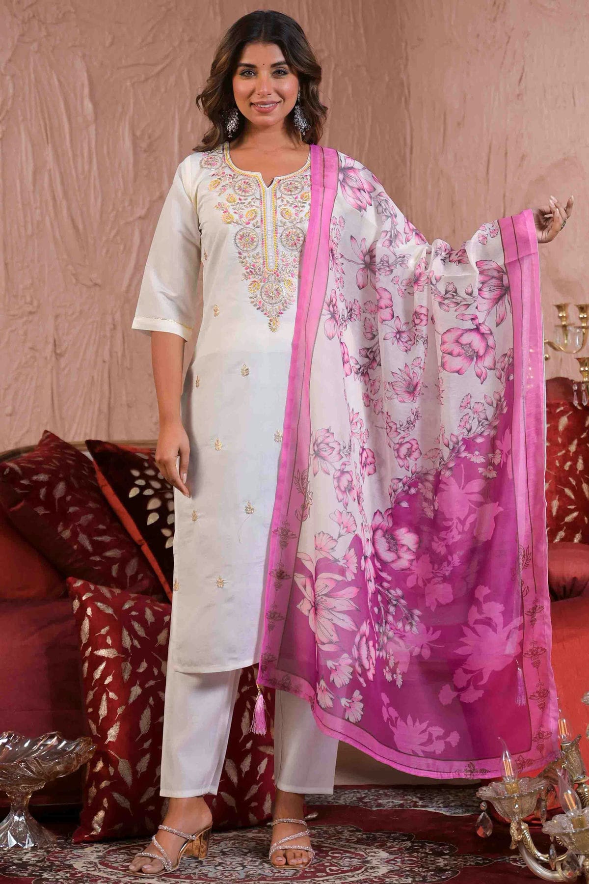 Off White Colour Viscose Chanderi Stitched Pant Style Suit VSSS1113890