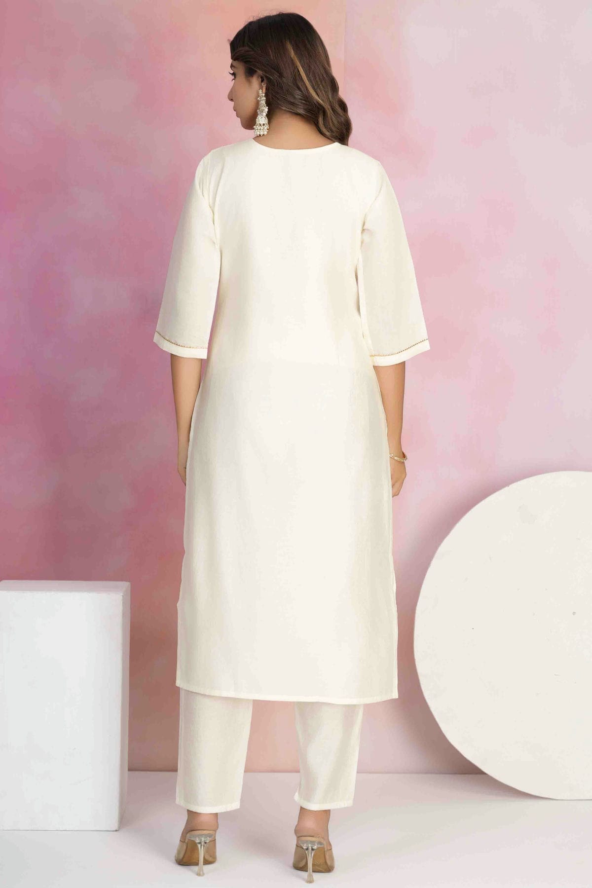 Off White Colour Viscose Chanderi Stitched Pant Style Suit VSSS1113891