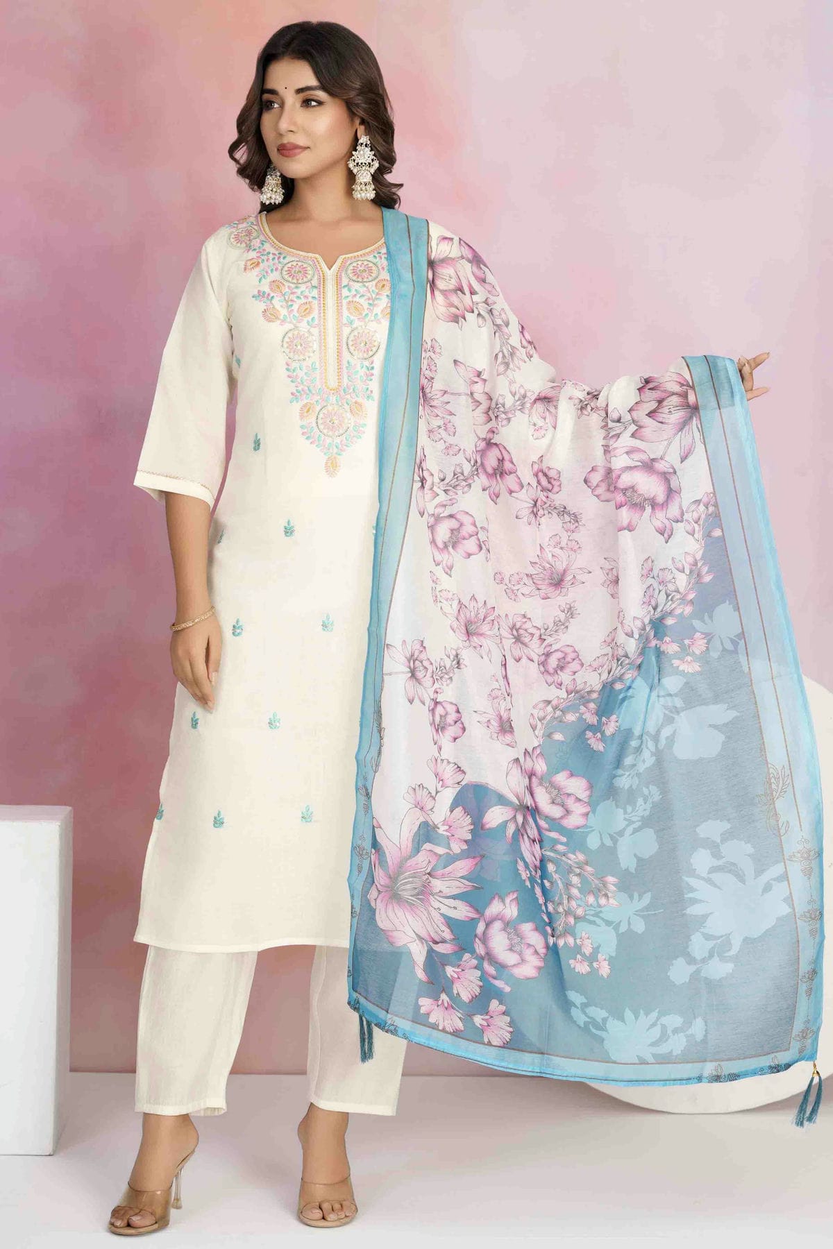 Off White Colour Viscose Chanderi Stitched Pant Style Suit VSSS1113891