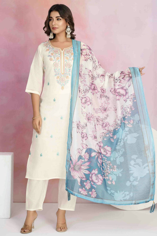 Off White Colour Viscose Chanderi Stitched Pant Style Suit VSSS1113891