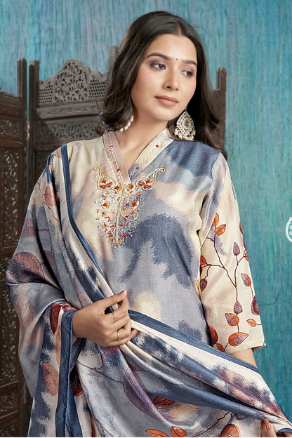Off White Colour Viscose Silk Stitched Suit