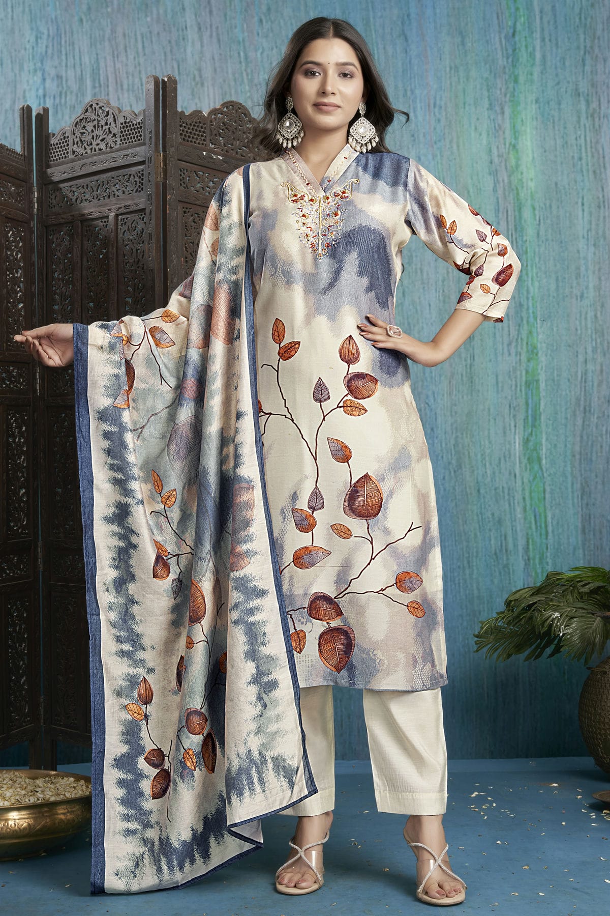Off White Colour Viscose Silk Stitched Suit