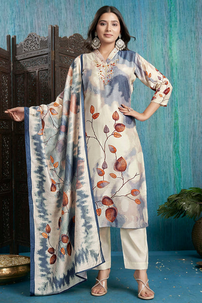 Off White Colour Viscose Silk Stitched Suit