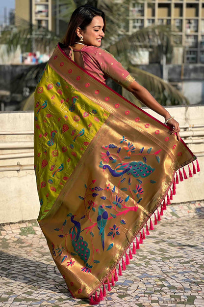 Olive Green Colour Meenakari Work Soft Silk Paithani Sarees VSSD1113368