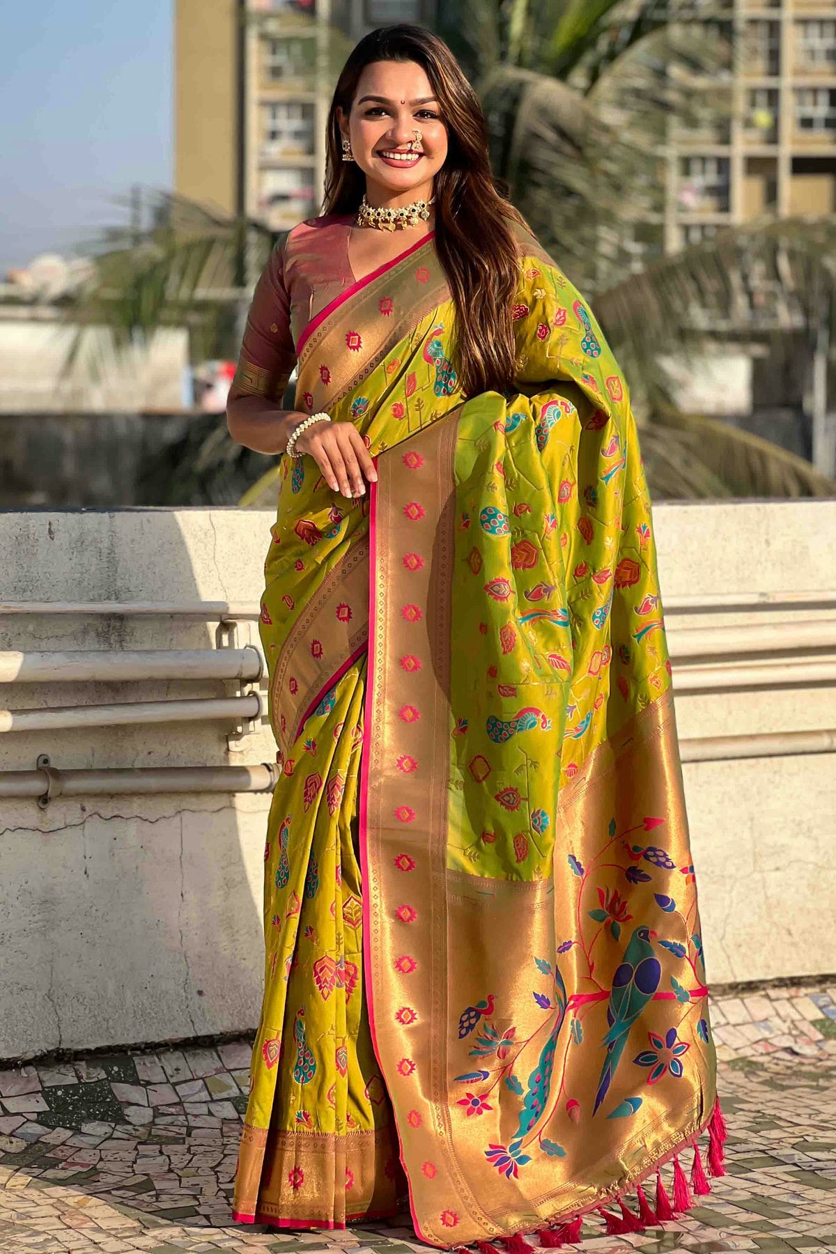 Olive Green Colour Meenakari Work Soft Silk Paithani Sarees VSSD1113368