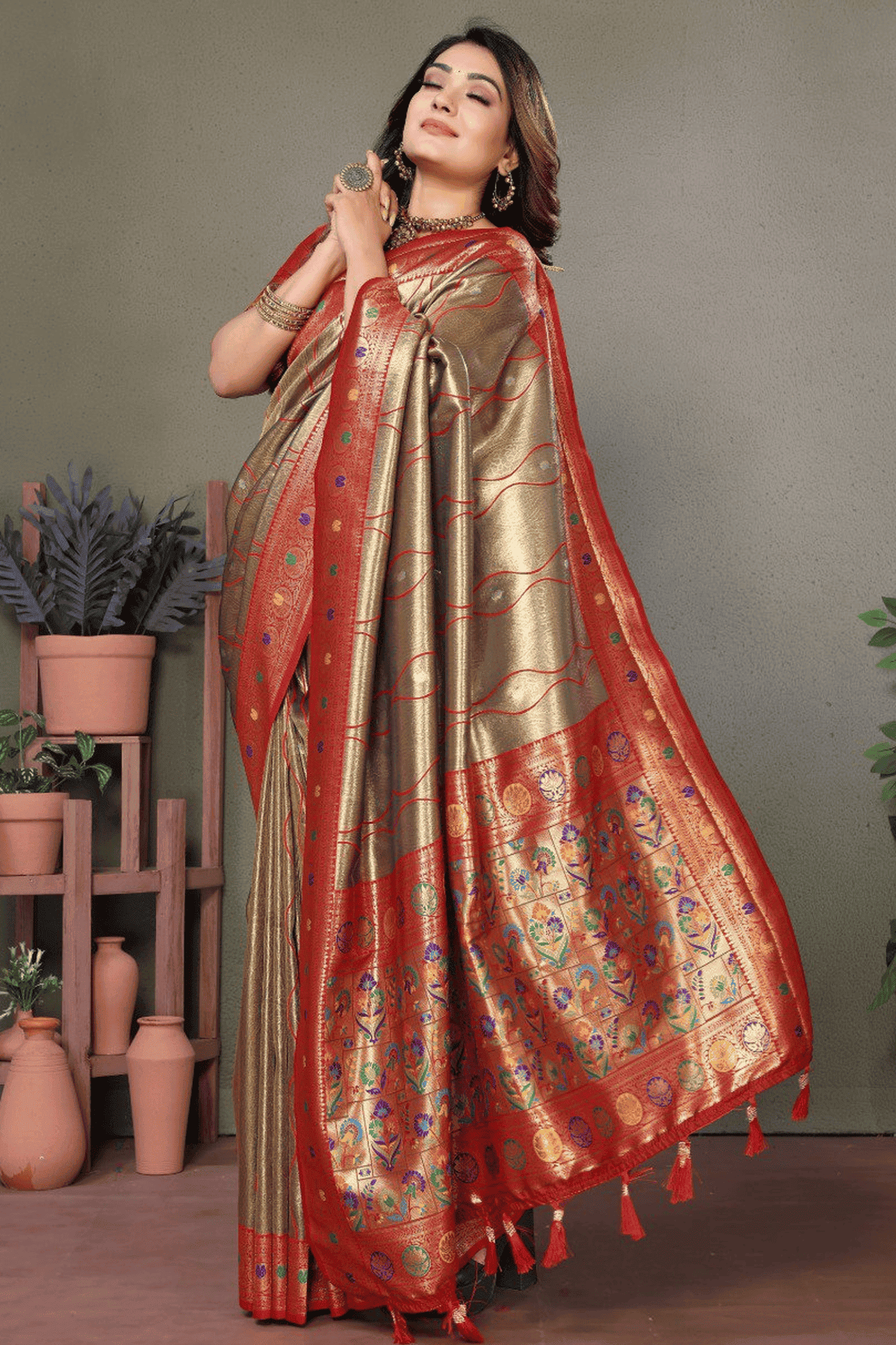 Olive Green Colour Woven Work Pure Banarasi Tissue Silk Traditional Saree