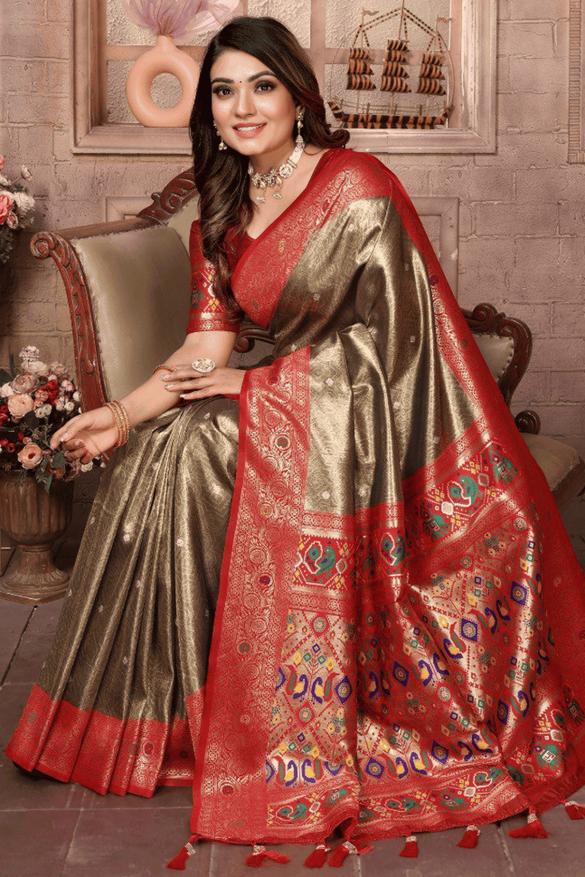 Olive Green Colour Woven Work Pure Banarasi Tissue Silk Traditional Saree