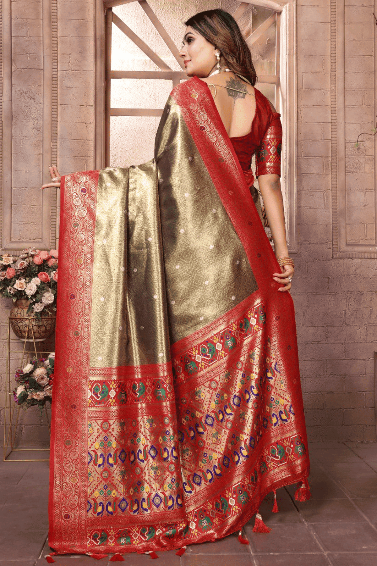 Olive Green Colour Woven Work Pure Banarasi Tissue Silk Traditional Saree