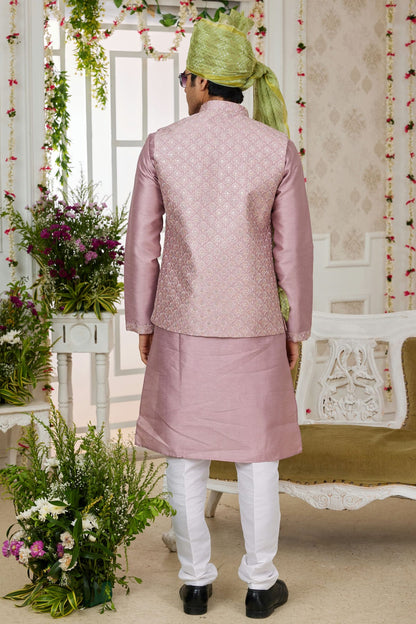 Onion Pink Colour Art Silk Kurta Pajama With Jacket VSKP1230269