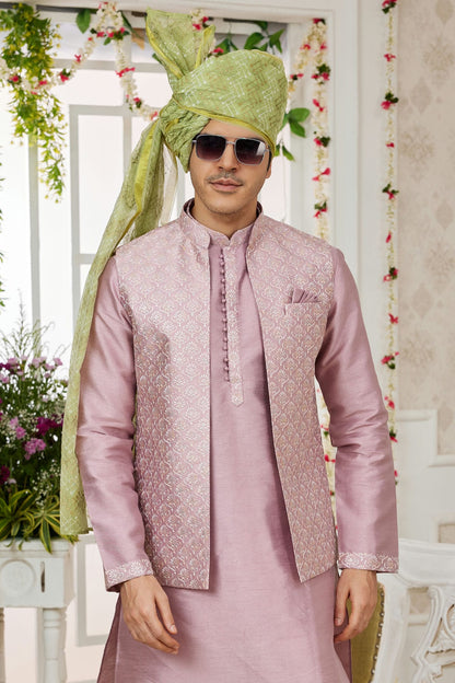 Onion Pink Colour Art Silk Kurta Pajama With Jacket VSKP1230269