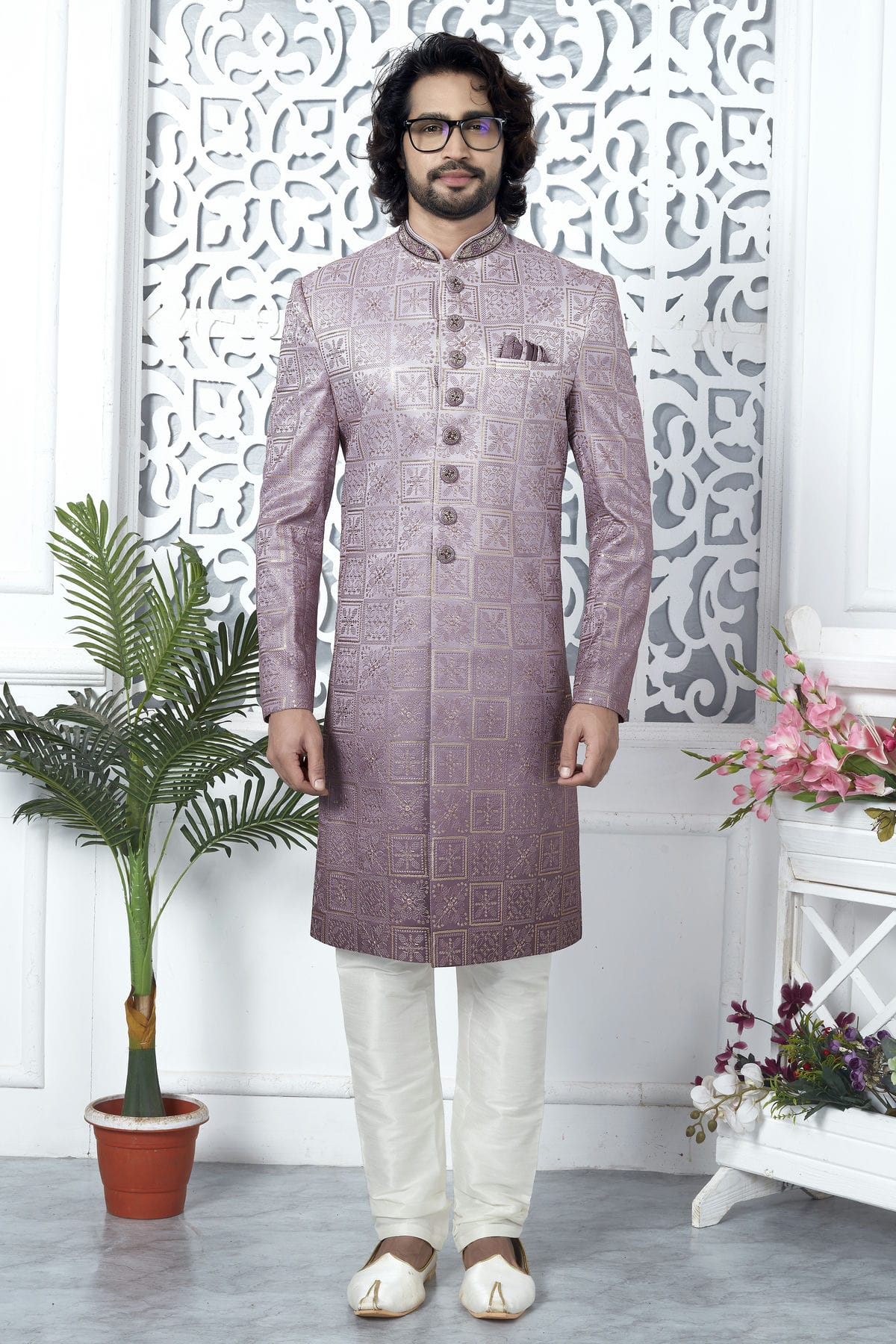Onion Pink Colour Art Silk Sherwani With Churidar Pant VSSH1230055