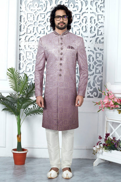 Onion Pink Colour Art Silk Sherwani With Churidar Pant VSSH1230055
