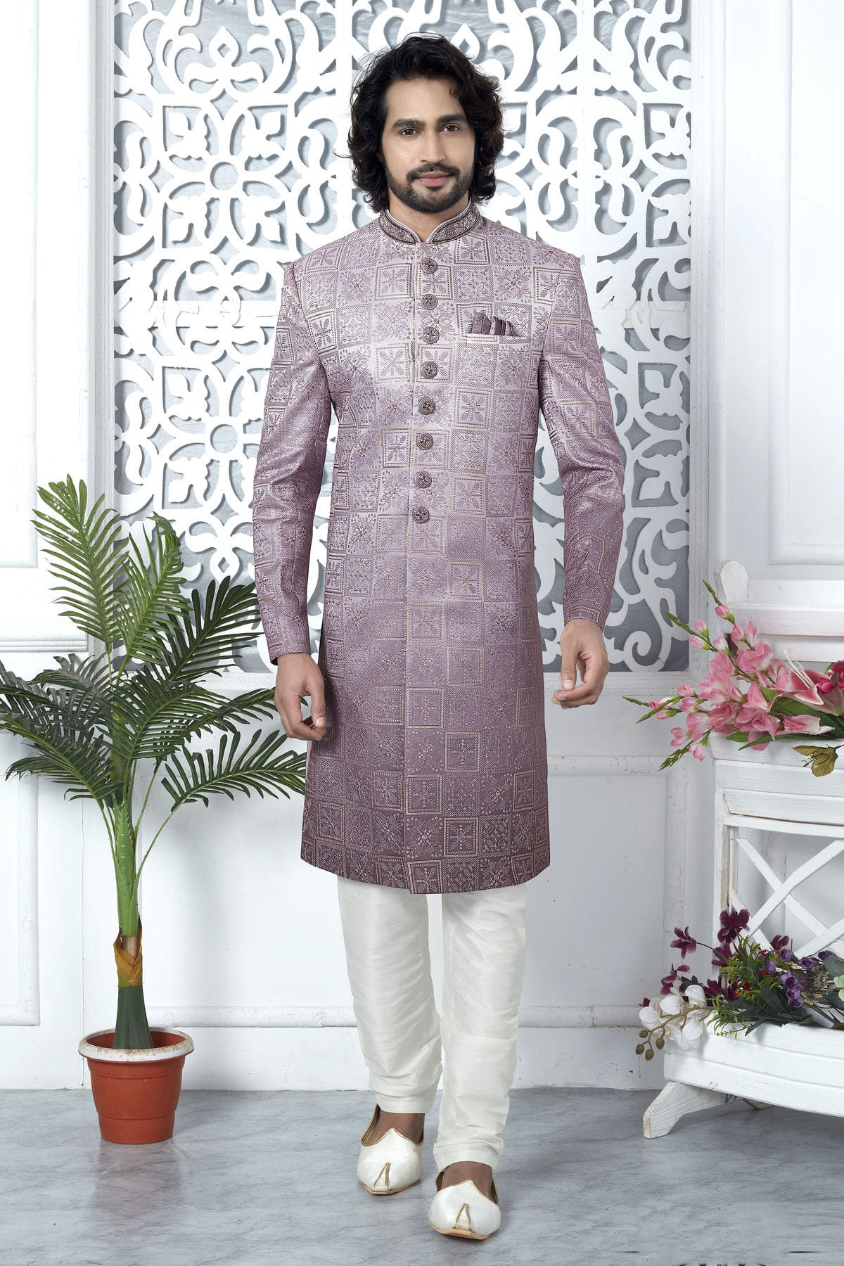 Onion Pink Colour Art Silk Sherwani With Churidar Pant