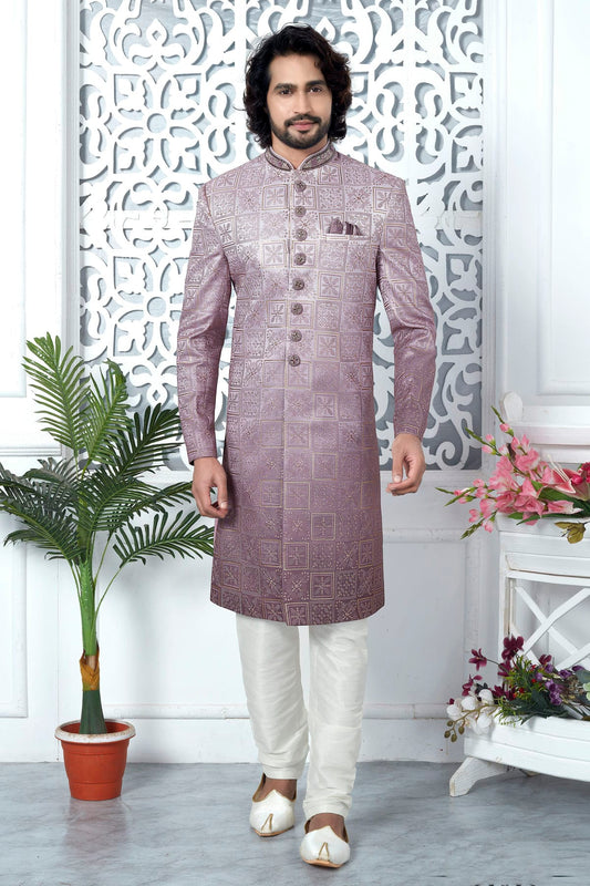 Onion Pink Colour Art Silk Sherwani With Churidar Pant
