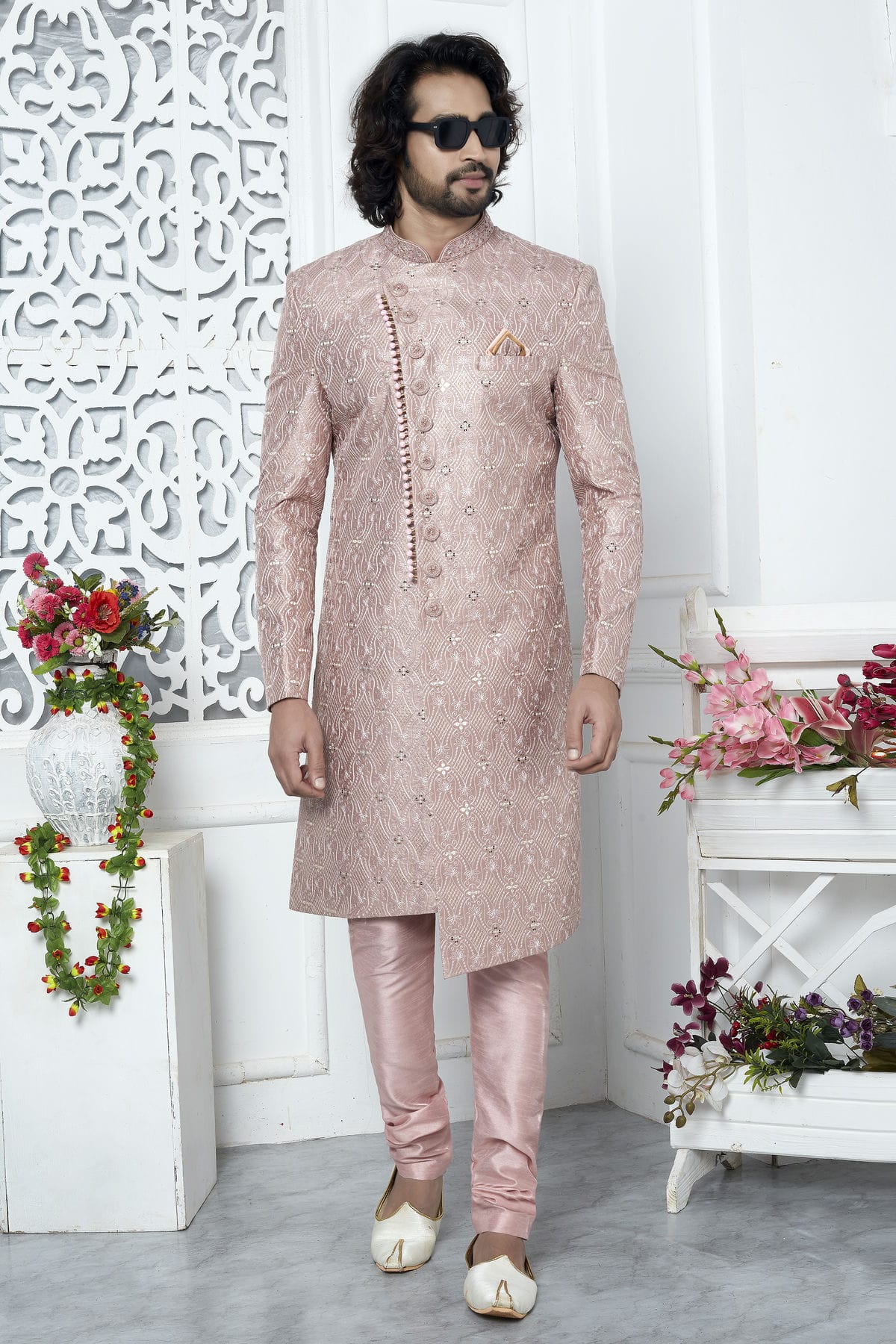 Onion Pink Colour Art Silk Sherwani With Churidar Pant VSSH1230059