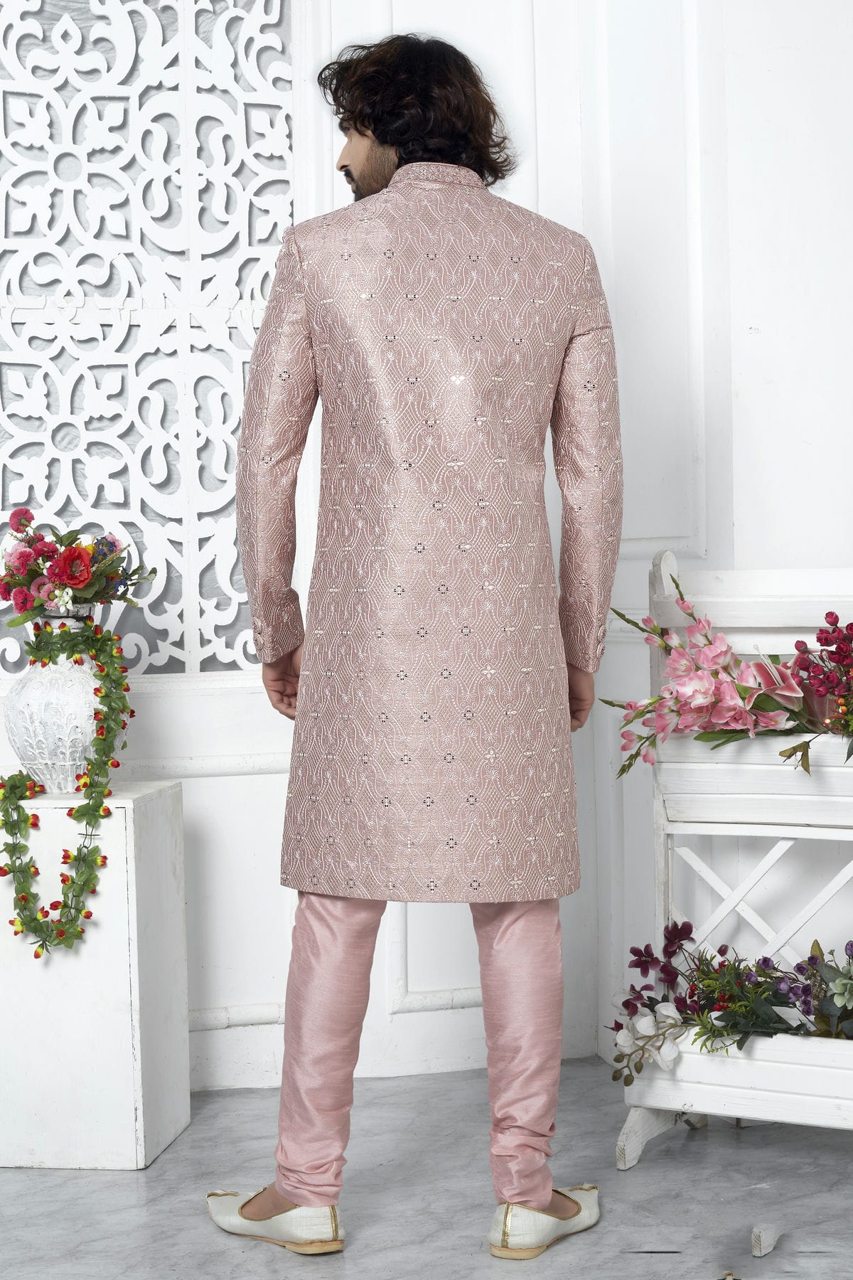 Onion Pink Colour Art Silk Sherwani With Churidar Pant VSSH1230059