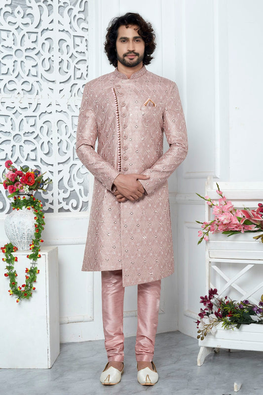 Onion Pink Colour Art Silk Sherwani With Churidar Pant