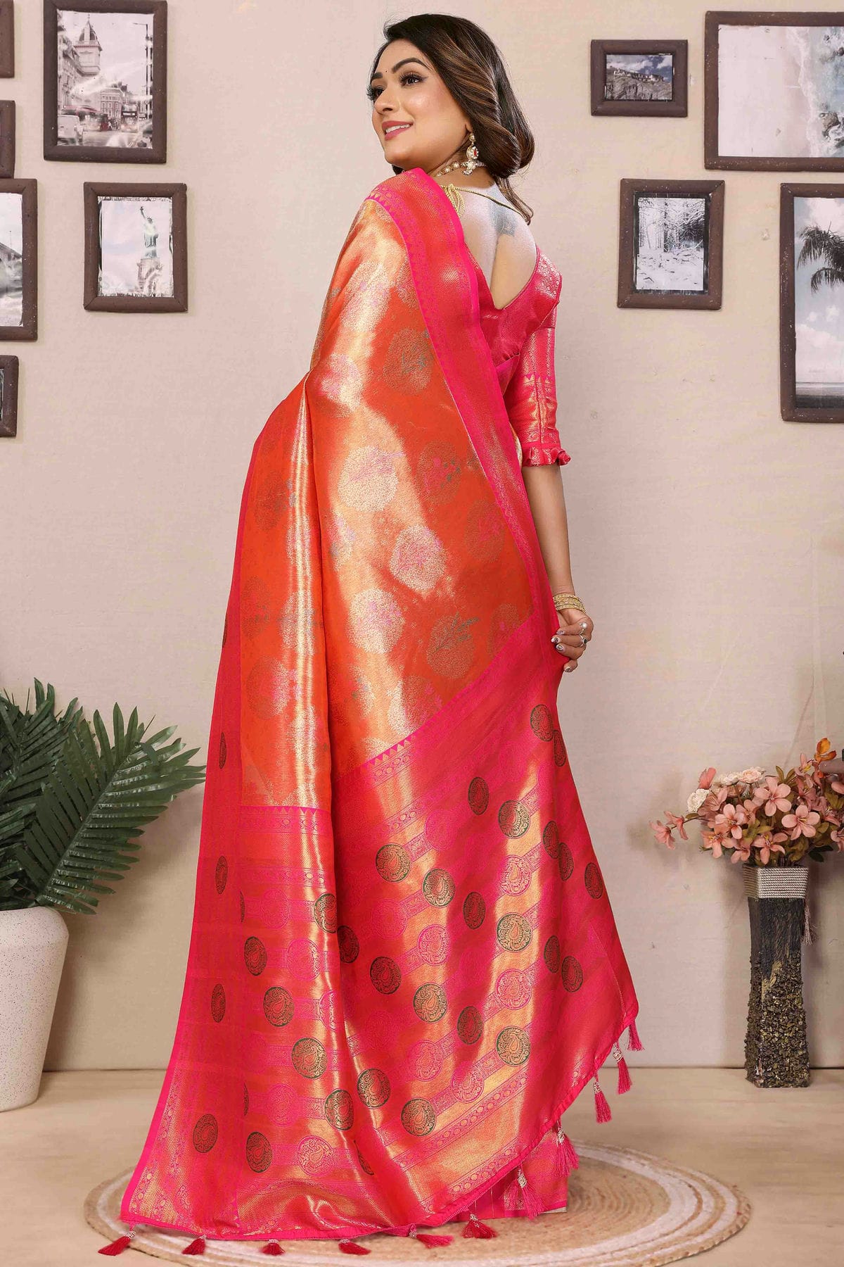 Orange Colour Banarasi Tissue Silk Traditional Saree
