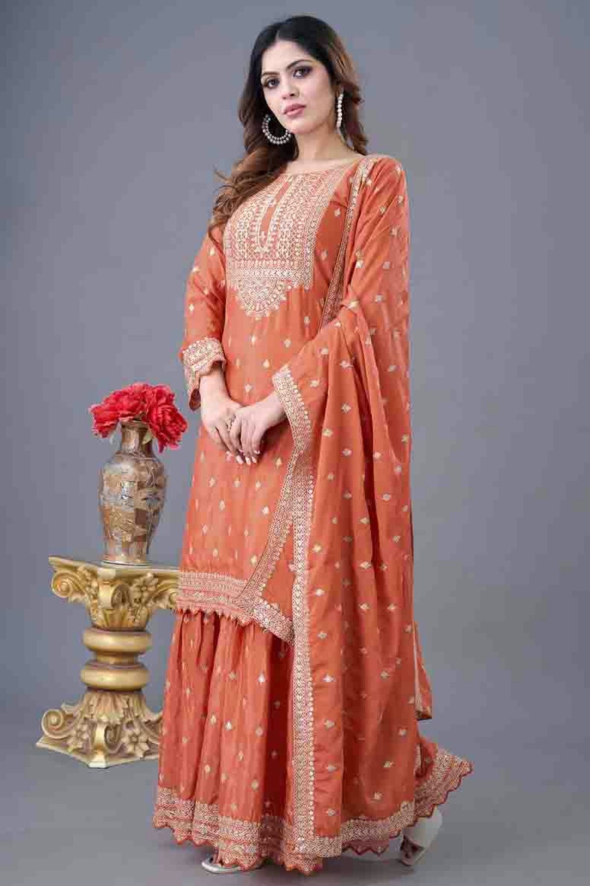 Orange Colour Chinon Silk Stitched Sharara Suit VSSS1140945