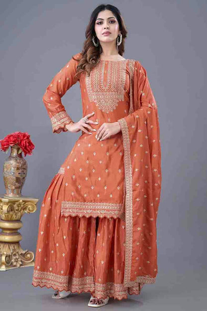 Orange Colour Chinon Silk Stitched Sharara Suit VSSS1140945