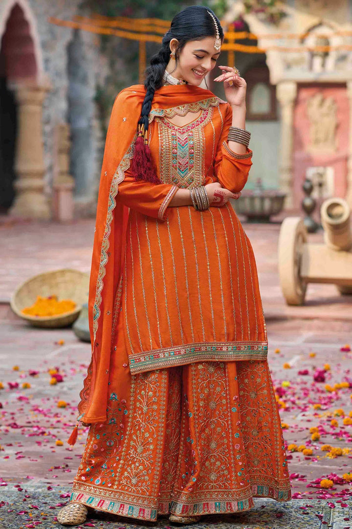 Rust Orange Color Satin Cloth Top [T.L 42 ] And Palazo Pant [ P.H 39 ] With Musline Dupatta