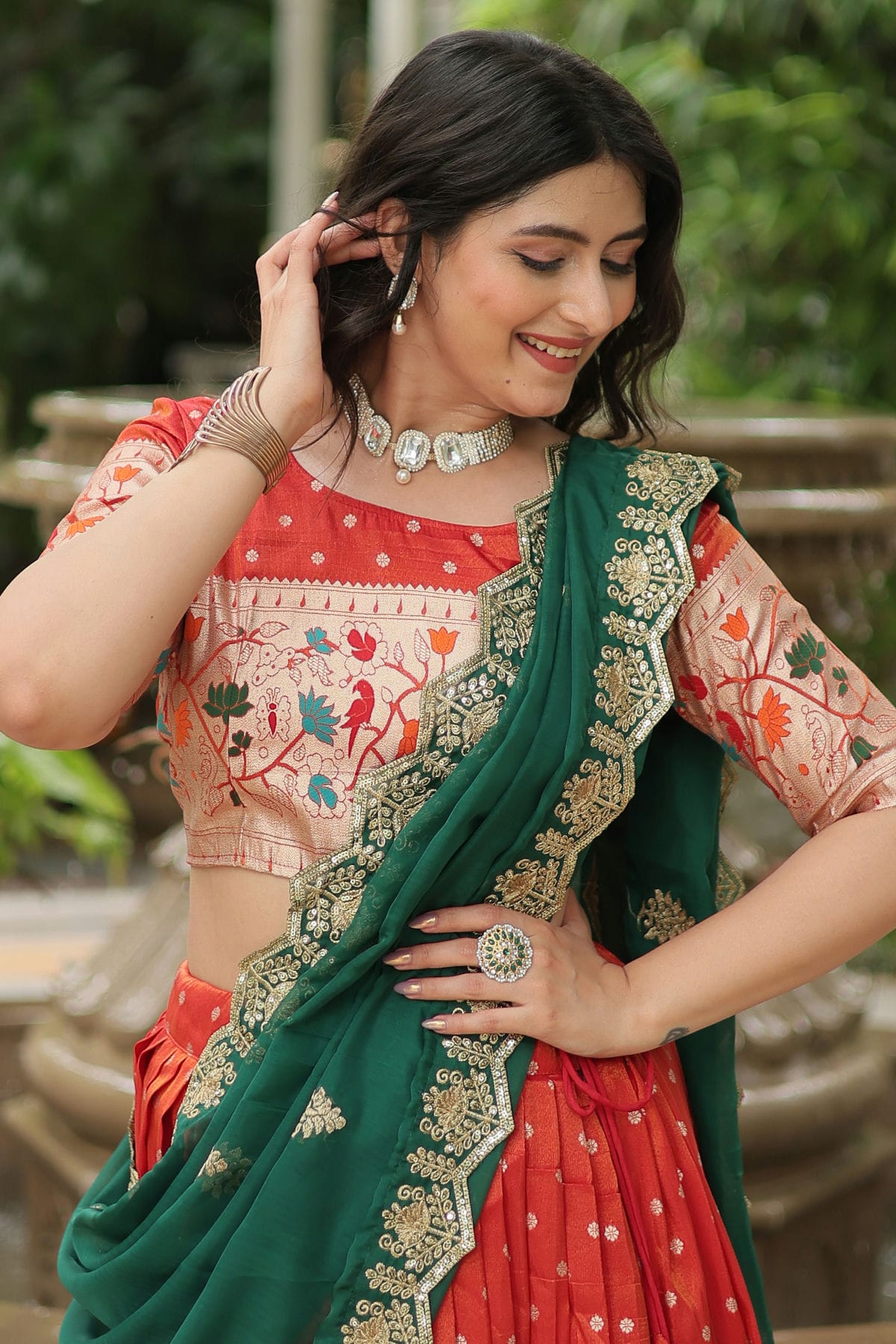 Orange Colour Cosmos Jacquard Embroidery Lehenga Choli VSLC1111390