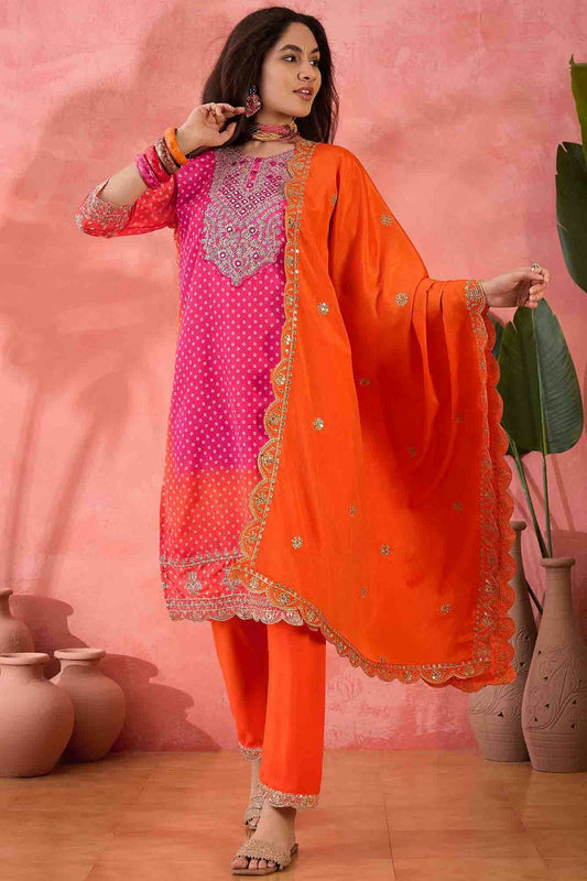 Orange Colour Embroidery Chinon Silk Pant Style Suit VSSS1113509