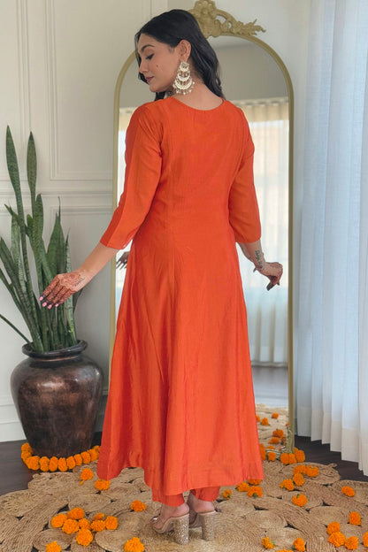 Orange Colour Embroidery Vichitra Silk Stitched Suit