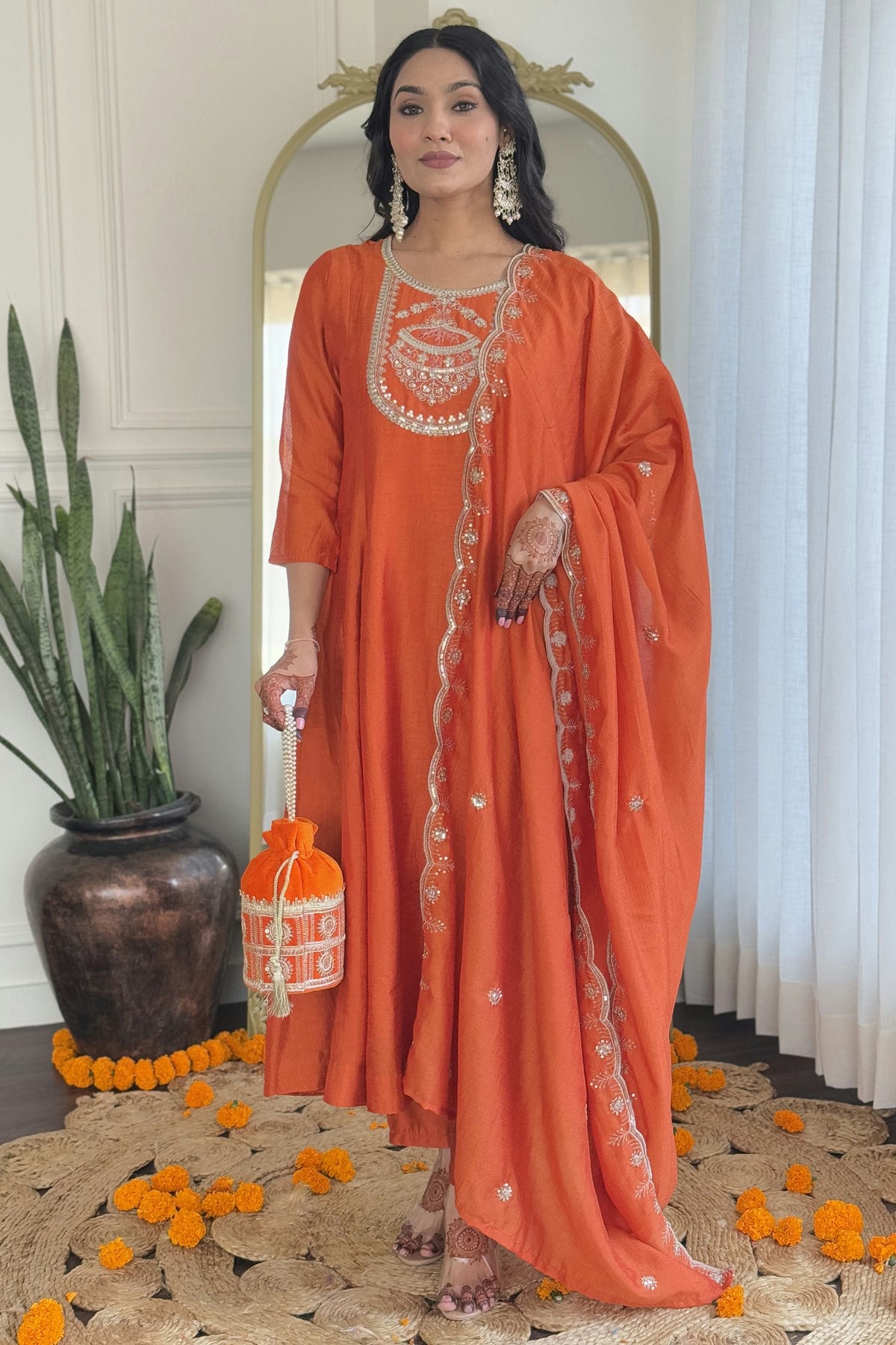 Orange-Colour-Embroidery-Vichitra-Silk-Stitched-Suit-VSSS1112456