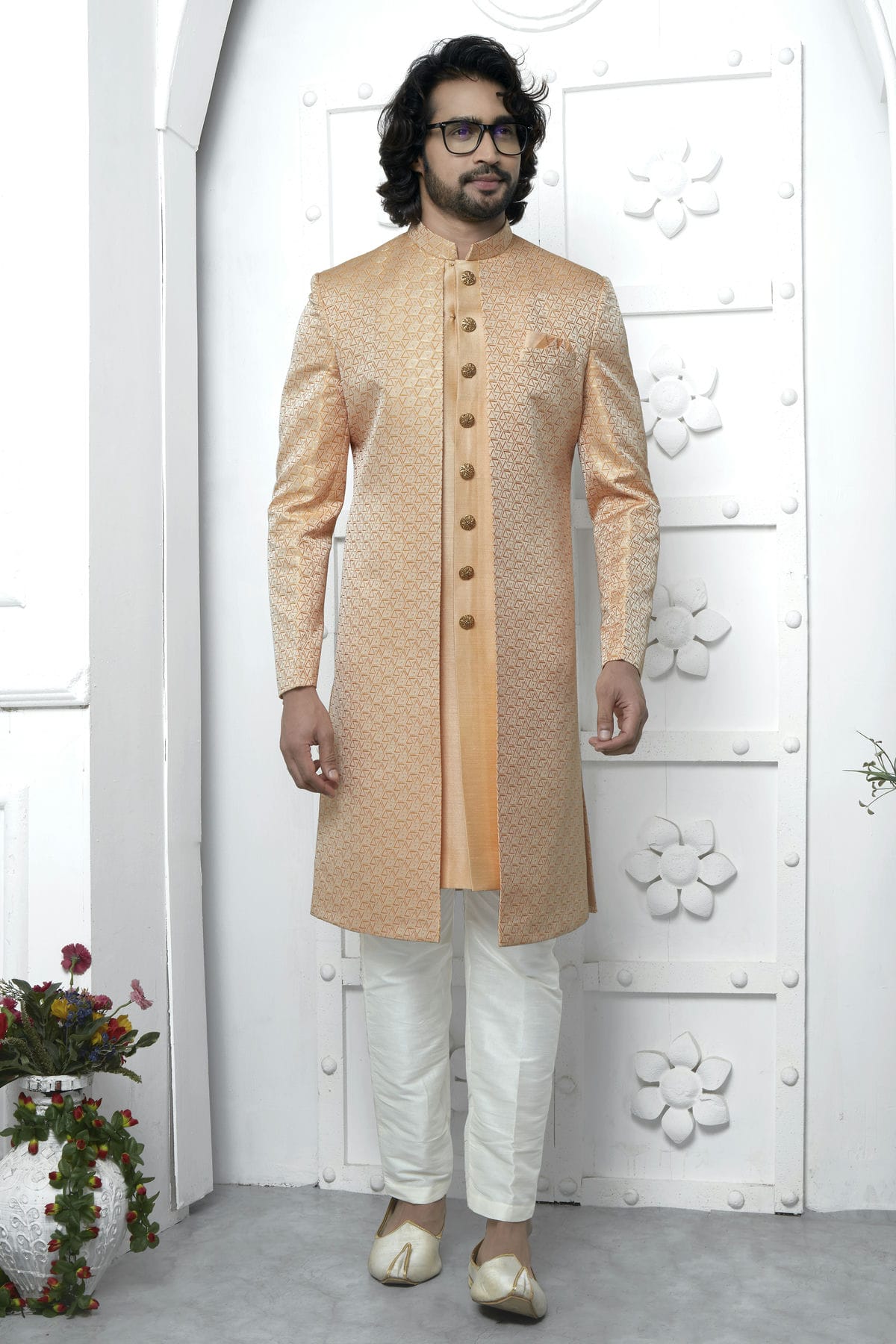Orange Colour Jacquard Silk Indowestern Sherwani With Aligadhi Pant VSSH1230041