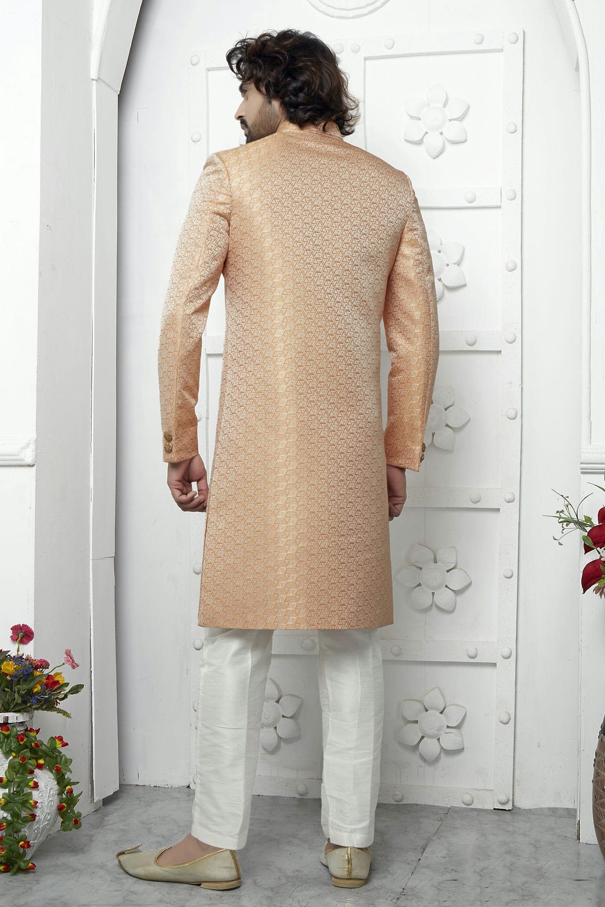 Orange Colour Jacquard Silk Indowestern Sherwani With Aligadhi Pant VSSH1230041