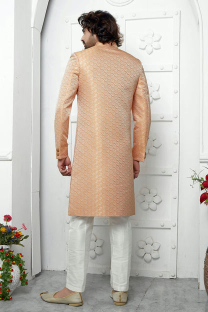 Orange Colour Jacquard Silk Indowestern Sherwani With Aligadhi Pant VSSH1230041