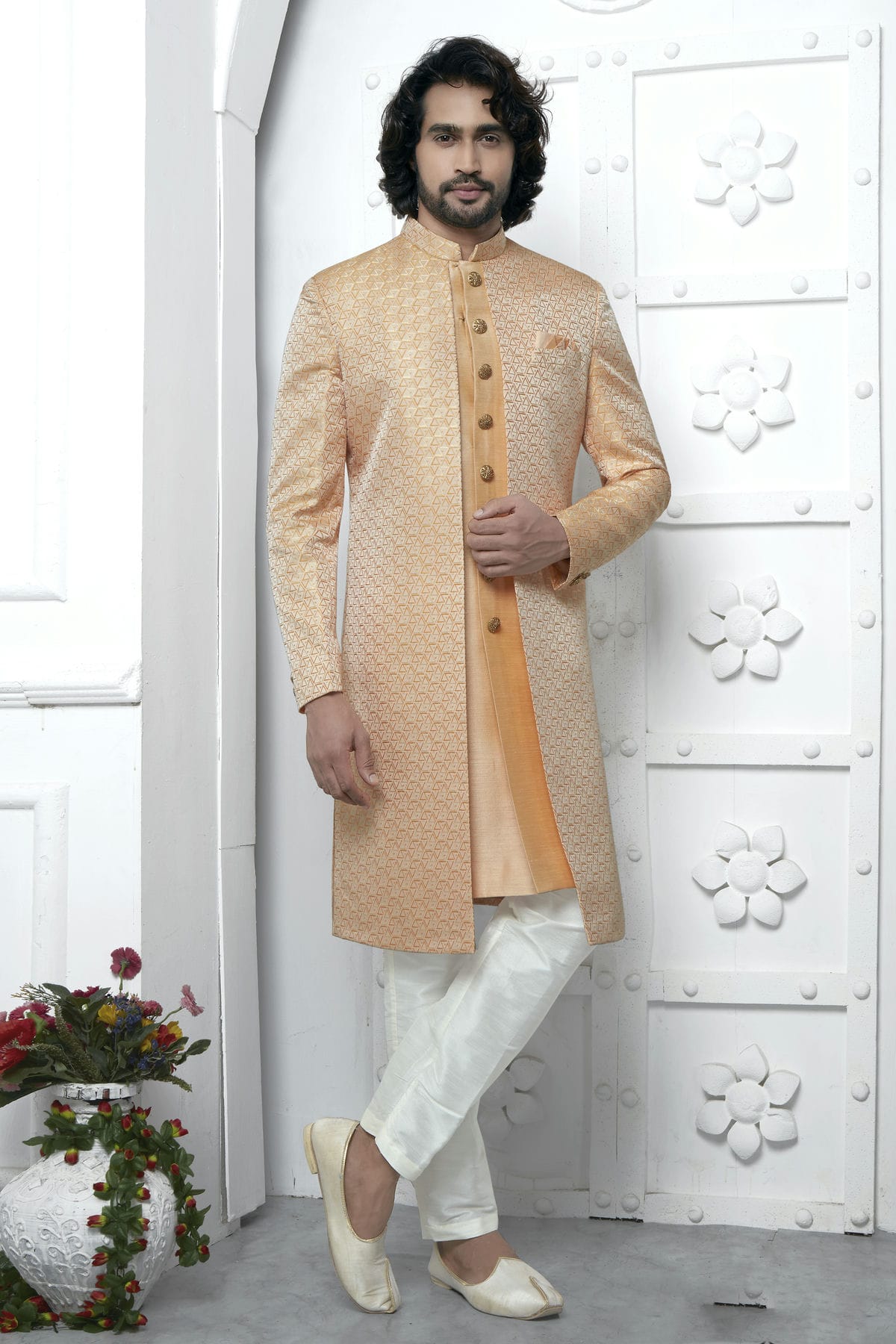Orange Colour Jacquard Silk Indowestern Sherwani With Aligadhi Pant