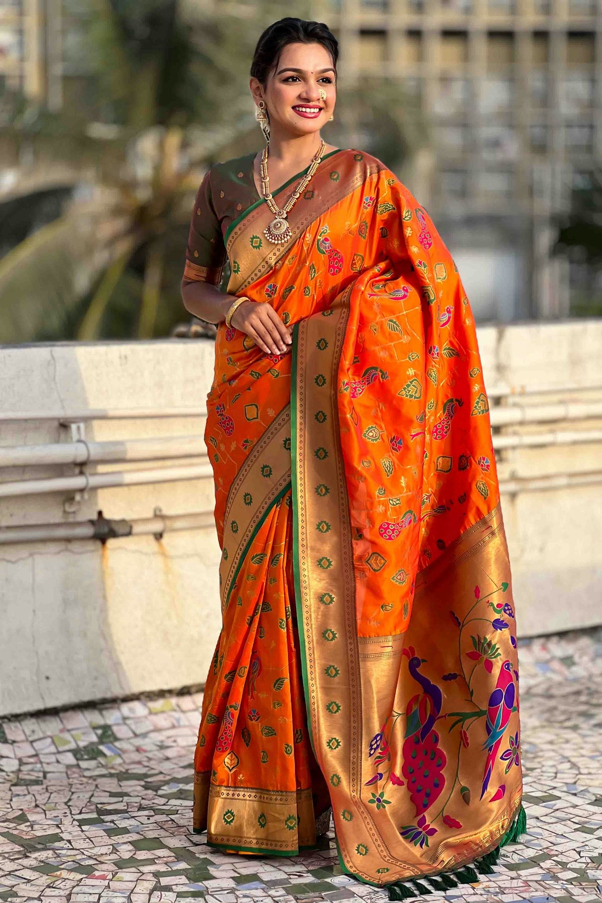 Orange Colour Meenakari Work Soft Silk Paithani Sarees VSSD1113366