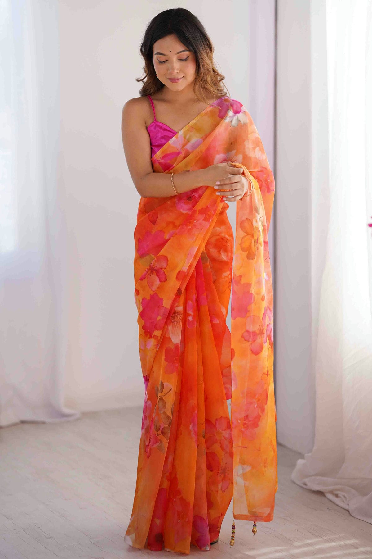 Orange Colour Organza Printed Saree VSSD1113850
