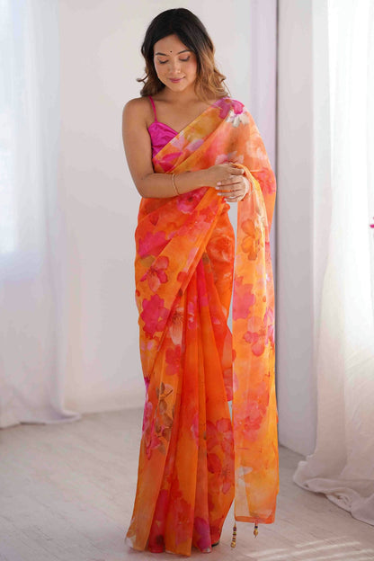 Orange Colour Organza Printed Saree VSSD1113850