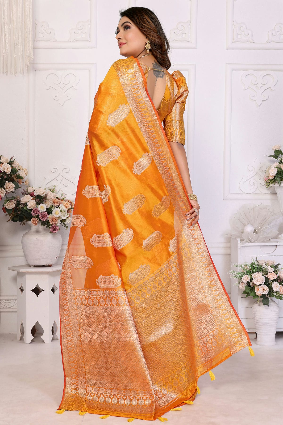 Orange Colour Organza Traditional Saree