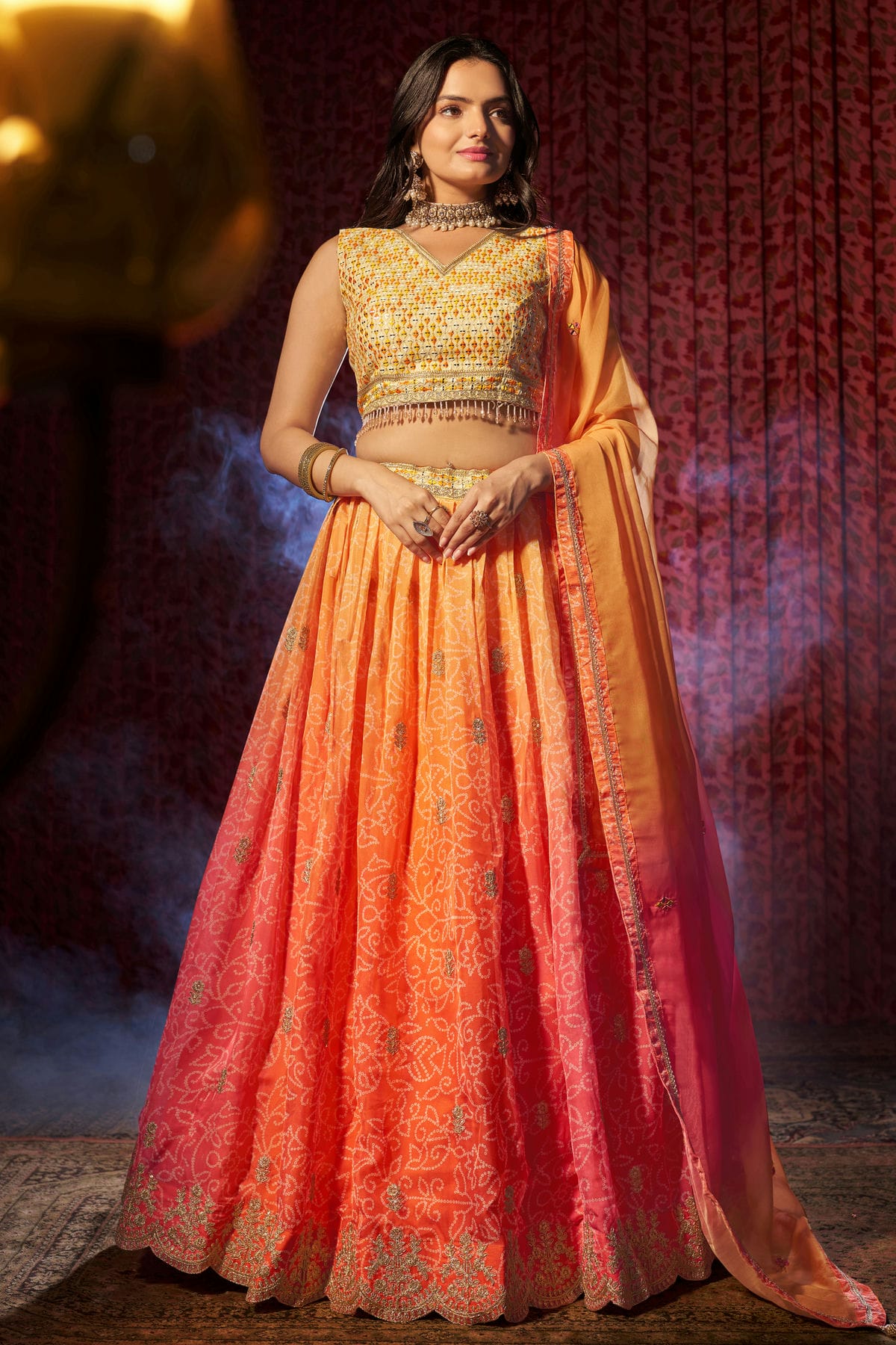 Orange Colour Semi Stitched Organza Lehenga Choli