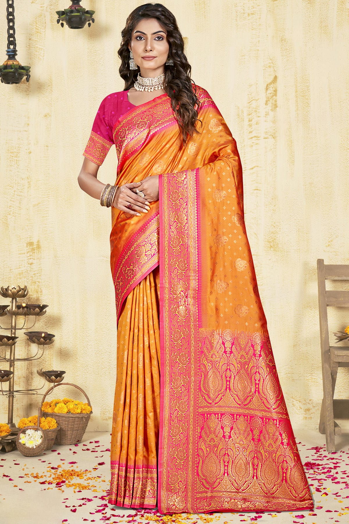 Orange Colour Silk Woven Work Traditional Saree